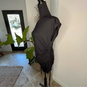 St John Ruched Top Size M Jet Black Boat Neck Gathered Sides Ties Mob Wife Long